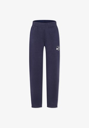Pantaloni sportivi navy con cintura elastica, caviglie elastiche e un piccolo logo bianco sulla parte superiore della gamba sinistra, realizzati in morbido tessuto misto cotone.