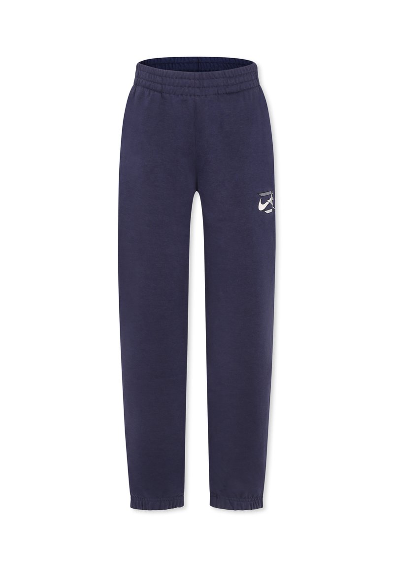 Marineblauwe sweatpants met elastische tailleband, geknoopte ankels en een klein wit logo op de bovenste linkerbeen, gemaakt van een zachte katoenmix.