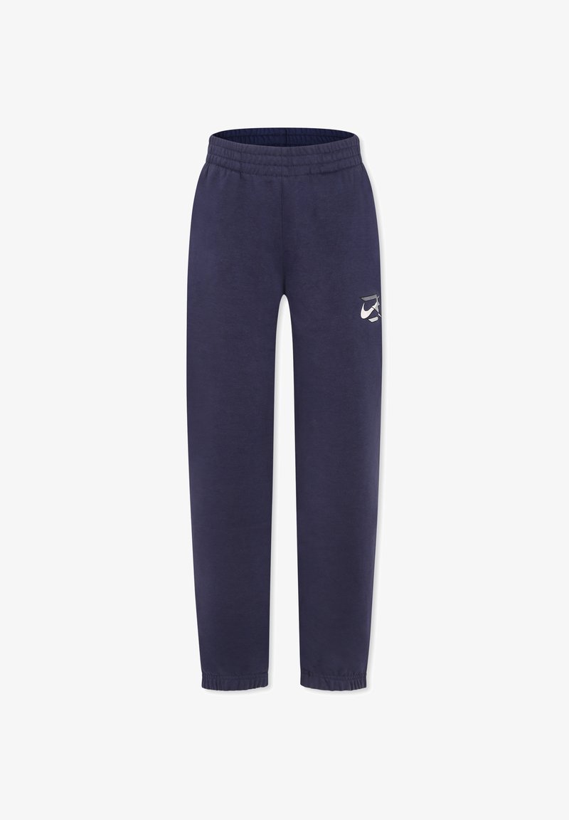 Granatowe dresy z elastycznym pasem, ściągaczami na kostkach i małym białym logo na górnej części lewej nogawki, wykonane z miękkiego materiału bawełnianego.