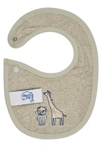 Beige Frottee-Lätzchen in runder Form, mit gesticktem Löwen- und Giraffenmotiv. Enthält einen Druckverschluss und ein Markenetikett.
