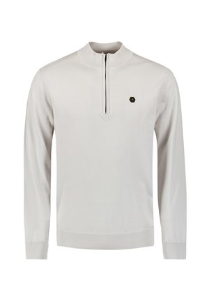 Lichtgrijze pullover trui met een ritskraag, ribgebreide manchetten en zoom, met een klein zwart hexagonaal logo op de linkerborst.