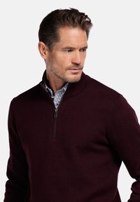 Pull-over bordeaux en tissu doux, avec un col zippé, des poignets côtelés et une texture lisse. Motifs visibles sur la chemise à col en dessous.