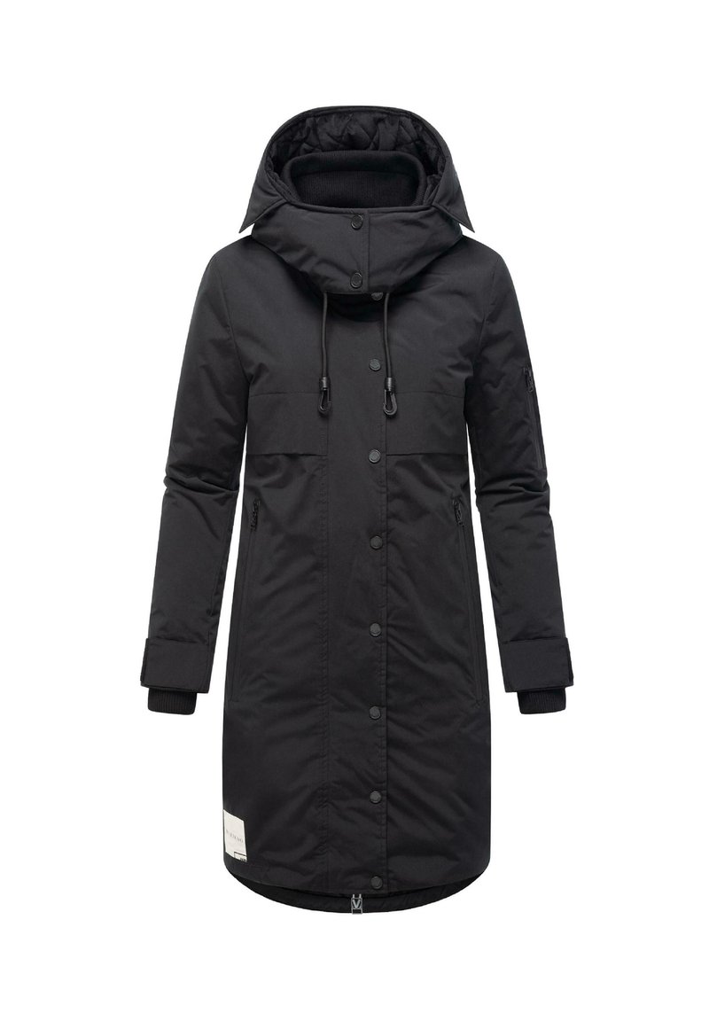 Parka negra aislante con capucha, que presenta botones a presión, bolsillos laterales y puños acanalados. Textura suave y diseño hasta las rodillas.