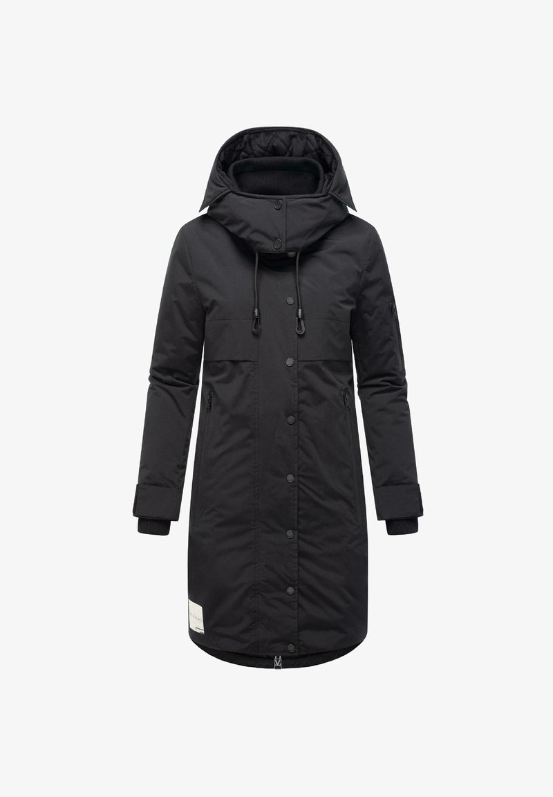 Czarna ocieplana parka z kapturem, z zatrzaskami, kieszeniami bocznymi i ściągaczami przy mankietach. Gładka tekstura i długość do kolan.