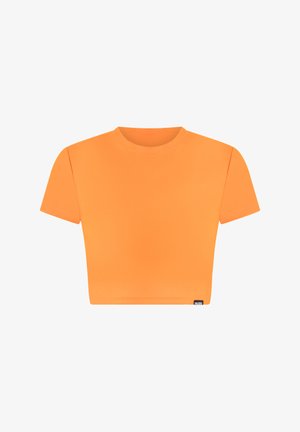 T-shirt z krótkim rękawem, skrócony, w intensywnym pomarańczowym kolorze. Wykonany z gładkiej bawełny, z okrągłym dekoltem i minimalnymi detalami szycia.