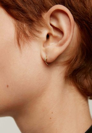 Pendiente de aro dorado con un pequeño detalle brillante, llevado en el lóbulo de una persona con cabello corto de color castaño rojizo, destacando la oreja.