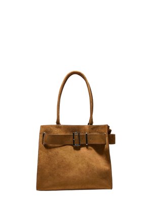 Brun ruskinds-håndtaske med bredt bælte og metalspænde henover fronten, to mellemstore håndtag, rektangulært formet.