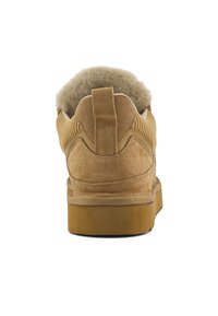 Brown suede winter shoe with thick sole, ribbed side detail, and plush fleece lining visible at the ankle, shown from the back.