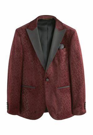 Blazer de terciopelo burdeos con un patrón diamante texturizado, solapas de pico de satén negro y dos bolsillos frontales; cierre de un solo botón.