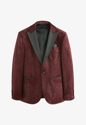 Burgundia velvetist bleiser, millekordse teemantimustriga, mustast satiinist tippklappid ja kaks esi-taskut; ühe nupuklõpsuga.