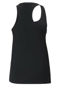 Débardeur noir sans manches en tissu lisse ; présente un col incurvé, des emmanchures larges et un ourlet droit à l'arrière sans éléments de design.