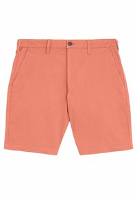 Shorts couleur corail en tissu durable, dotés de deux poches latérales, d'une fermeture à bouton et d'une silhouette droite.