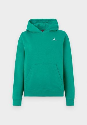 Zielona bluza z kapturem, wykonana z miękkiego materiału, z kieszenią kangurzą i ściągaczami na rękawach. Mały biały logo Jumpman na piersi. Klasyczny, luźny krój.
