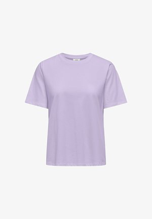 Tričko s krátkým rukávem v levandulové barvě, vyrobené z měkké bavlny, s kulatým výstřihem a volným střihem. Hladký povrch bez vzorů nebo ozdob.