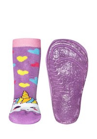 Fioletowe skarpetki z wzorem jednorożca oraz kolorowymi serduszkami. Żebrowany różowy mankiet, gładka faktura i błyszcząca fioletowa podeszwa.