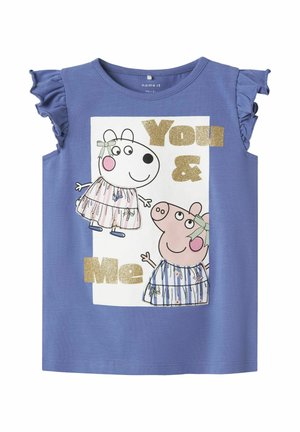 Camiseta sin mangas de color púrpura con mangas con volantes que presenta un gráfico de dos personajes de dibujos animados, resaltado con texto dorado brillante "Tú y Yo."