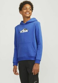 Blaues Kapuzensweatshirt mit einer vorderen Kängurutasche, gerippten Bündchen und einem Grafikdesign mit Bergmotiven auf der Brust.