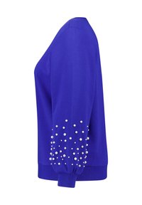 Blauwe sweatshirt met lange mouwen, voorzien van parelversieringen bij de manchet en een geribde zoom. Zacht materiaal en een relaxte pasvorm.