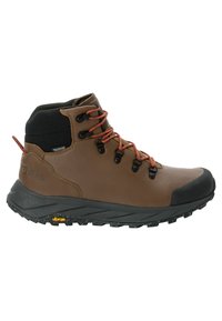 Scarponcino da trekking marrone con collare in tessuto nero, lacci arancioni e punta di gomma. Presenta una suola Vibram per la trazione.
