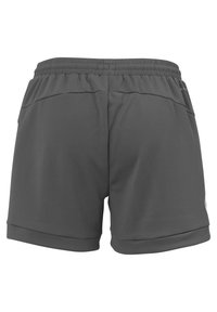 Graue Sportshorts aus leichtem Material mit elastischem Bund, zwei Gesäßtaschen und einem umgeschlagenen Saum für einen sauberen Abschluss.