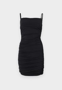 Vestito nero senza maniche realizzato in tessuto elasticizzato, caratterizzato da un design arricciato su tutta la superficie, con spalline regolabili e una silhouette aderente.