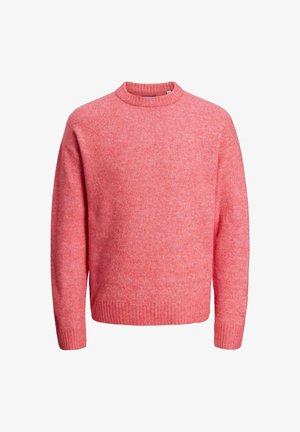 Pehme roosa ümarkaelusega sviiter, millel on pikad varrukad ja soonikkoes varrukate ning helma ääred, esitatud valgel taustal.