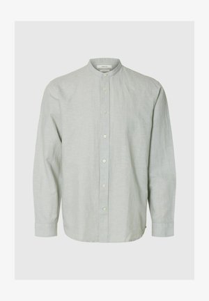 Šviesiai pilka ilgomis rankovėmis palaidinė su mandarinų apykakle ir septyniais mygtukais, rodoma ant paprasto fono.