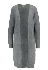 Grå stickad cardigan med långa ärmar, öppen front och lös passform med ett strukturerat mönster genom hela plagget.