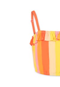 Top corto con spalline in strisce verticali multicolori di arancione, rosa e giallo, con bordi arricciati e una vita elastica.