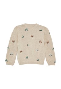 Beiger Strickpullover mit langen Ärmeln, verziert mit bunten, gestickten Traktoren in Grün, Braun und Blau auf dem Rücken.