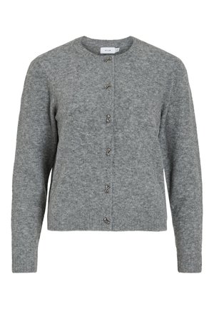 Cardigan in lana grigia con collo rotondo, maniche lunghe e sei bottoni decorativi in metallo color argento sul davanti. Tessuto morbido, design minimale.