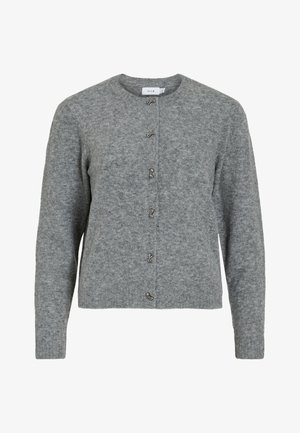 Grau gestrickte Wolle-Kardigan mit Rundhalsausschnitt, langen Ärmeln und sechs dekorativen Knöpfen in Silberoptik auf der Vorderseite. Weiche Textur, minimalistisches Design.