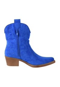 Stivaletto alla caviglia in camoscio blu con cerniera laterale, cuciture decorative e tacco basso marrone a pila, visto dal lato esterno.