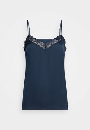 Navy blue camisole with thin adjustable straps and scalloped lace trim along the V-neckline and upper chest.