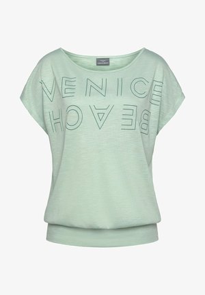 Mintgroene T-shirt met korte mouwen en een losse pasvorm, met opvallende 'VENICE BEACH' tekst in donkergroen, ronde halslijn en zachte, gestructureerde stof.