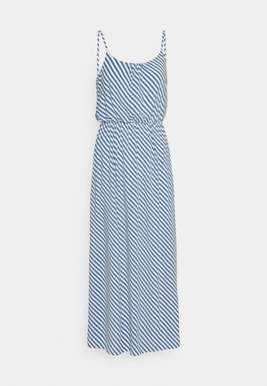 Vestido a rayas azul y blanco con un corte relajado, que presenta tirantes finos y una cintura elástica, colgado contra un fondo liso.