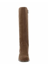 Botte noire en suede à hauteur de genou avec une texture lisse, un bout arrondi et une fermeture éclair sur le côté. Semelle robuste avec un léger talon.