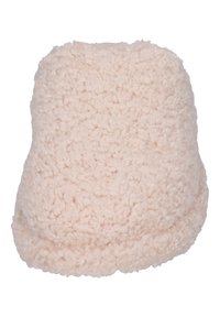 Lichtroze, pluizige emmerhoed gemaakt van zachte, gestructureerde stof. Rond gevormd met een zachte rand, met een luxe en gezellige uitstraling.