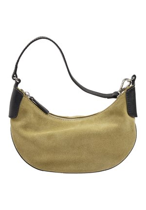 Mała torebka z oliwkowej skóry zamszowej z czarnymi skórzanymi akcentami i paskiem, wyposażona w zamek błyskawiczny u góry oraz srebrne klipsy.