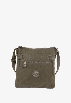 Sac en bandoulière en tissu vert olive. Fermeture éclair, sangle réglable, poche zippée à l'avant et logo en relief. Texture lisse, forme rectangulaire.