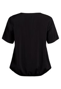 Schwarzes kurzarm Top mit rundem Halsausschnitt und gerafftem Saum, aus glattem Stoff mit leicht strukturierten Oberfläche.