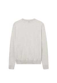 Hellgrauer Langarmpullover mit gerippten Bündchen, Saum und Kragen, von hinten vor einem weißen Hintergrund gezeigt.