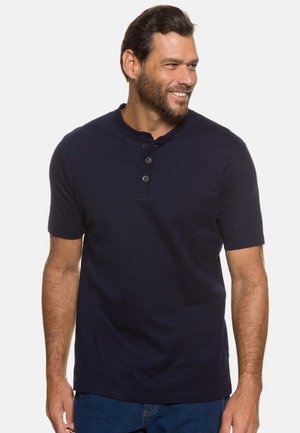 Navy korte mouwen henley-shirt van katoen, met een ronde hals en een drieknoopsluiting. Glad textuur en casual pasvorm.