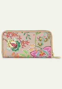 Monedero con cremallera floral en material sintético beige con patrones coloridos de flores y hojas. Presenta una cremallera y un tirador en tono dorado.