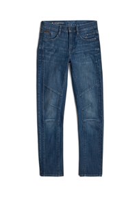 Blå slim-fit bikerjeans med förstärkta knä-semmar och femficksdesign, liggande platt på vit bakgrund.