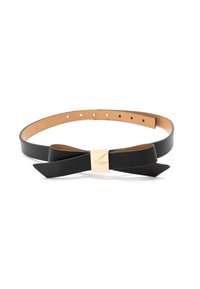 Sort læderbælte med en struktureret overflade, udstyret med et guld kvadratisk spænde og en sløjfedetail. Den indvendige side er glat beige.