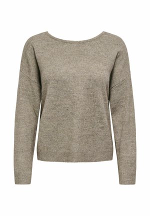 Pull en maille beige en tissu doux, avec un col large, des manches longues et une coupe décontractée ; sans motifs ni accents visibles.
