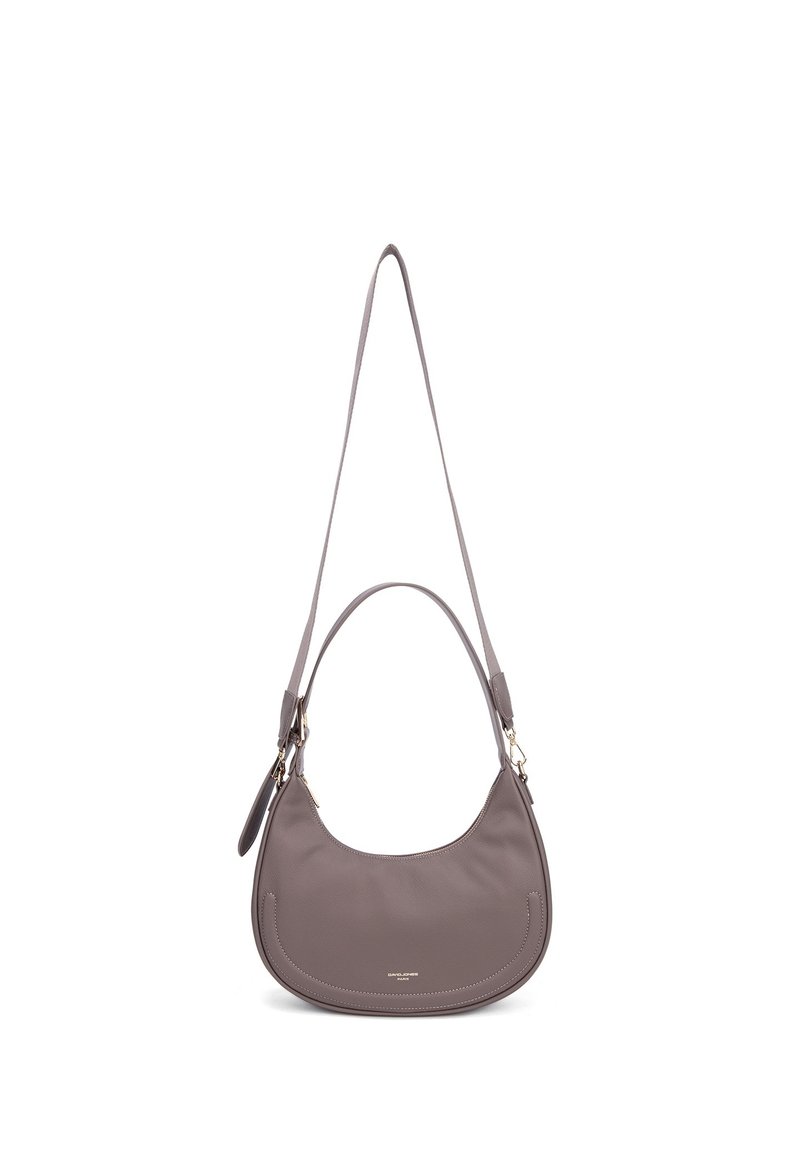 Leather shoulder bag in muted taupe, curved shape with a single strap, subtle stitching details, gold hardware accents.