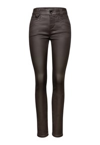 Jeans negros, brillantes y ajustados con cintura alta, diseño de cinco bolsillos y cierre de botón. Textura suave con ligero estiramiento.