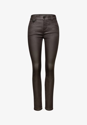 Black, glossy slim-fit jeans with a high waist, five-pocket design, and a button closure. Smooth texture with slight stretch.